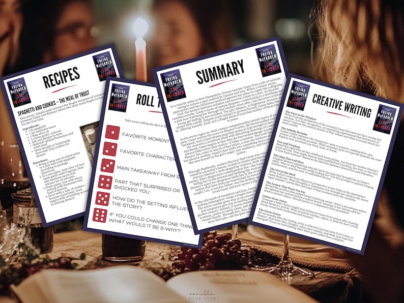 May include: Four printed cards with text and graphics are arranged on a table. The cards have a dark blue border and white text. The cards are titled "Recipes", "Roll", "Summary", and "Creative Writing". The background is a dimly lit room with glasses and a candle.