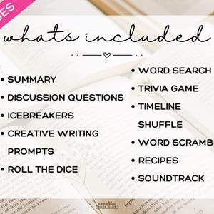 May include: A pink banner in the upper left corner reads "20 PAGES." The image displays a list of items, including a summary, discussion questions, and word search. The text "whats included" is written in cursive. The background is an open book.