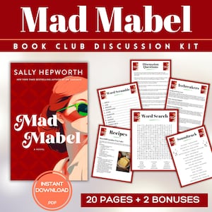 May include: A book club discussion kit for "Mad Mabel" by Sally Hepworth. The kit includes a book cover with a woman wearing sunglasses, discussion questions, word games, recipes, and a soundtrack list. The kit is an instant PDF download.