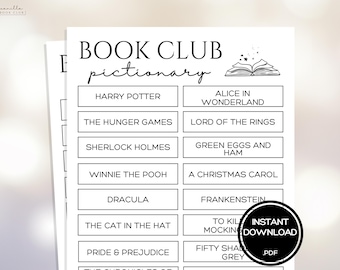 Puede incluir: Una hoja de juego imprimible blanca de "Book Club Pictionary" con un borde negro. La hoja incluye una lista de títulos de libros como "Harry Potter" y "Alicia en el país de las maravillas". Un círculo negro con las palabras "Descarga instantánea" está en la esquina inferior derecha.
