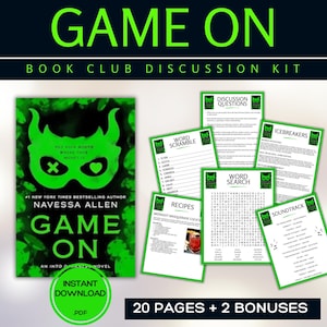 May include: A book club discussion kit with the title "GAME ON" in green. The kit includes a book cover, discussion questions, word scramble, word search, recipes, icebreakers, and a soundtrack. The book cover has a green mask design.