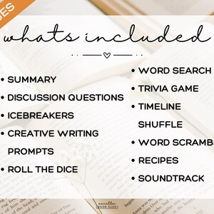 May include: An image with the text "whats included" lists various activities for a book club, including a summary, discussion questions, word search, and trivia game. The image is set against a backdrop of open books.