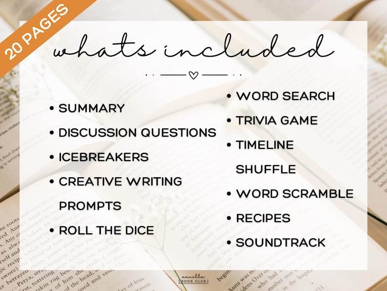 May include: An image with the text "whats included" lists various activities for a book club, including a summary, discussion questions, word search, and trivia game. The image is set against a backdrop of open books.