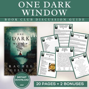 Może przedstawiać: Przewodnik po dyskusji w klubie książki dla książki "One Dark Window" autorstwa Rachel Gillig. Przewodnik zawiera takie aktywności jak krzyżówki, wyszukiwanie słów, przepisy, gry rozgrzewające i ścieżkę dźwiękową.