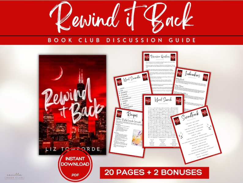 May include: A digital book club discussion guide titled "Rewind it Back" with a red and white color scheme. The guide includes a book cover image, discussion questions, word searches, recipes, and icebreakers. The guide is an instant PDF download.