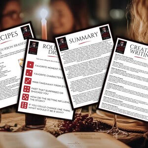 May include: Four printed cards with text and graphics are arranged on a table. The cards include recipes, a summary, creative writing prompts, and a dice game. The cards have a skull logo and are lit by a candle.
