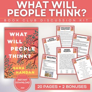 Puede incluir: Kit de discusión para club de lectura con el título "WHAT WILL PEOPLE THINK?" de Sara Hamdan. El kit incluye la portada del libro, preguntas de discusión, juegos de palabras, recetas y una lista de bandas sonoras. La portada es coral.