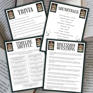 May include: Four printed cards with text, including trivia questions, a soundtrack list, discussion questions, and a timeline shuffle game, are displayed on a table with open books in the background.