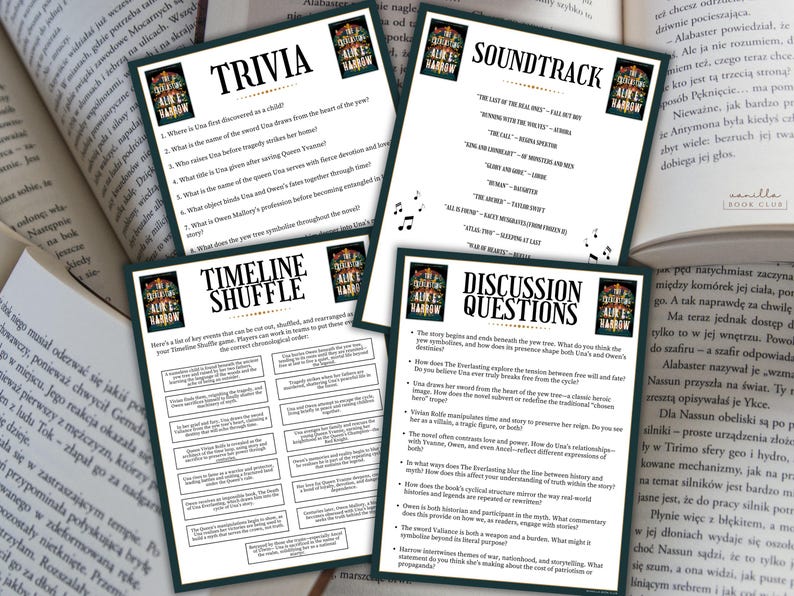 May include: Four printed cards with text, including trivia questions, a soundtrack list, discussion questions, and a timeline shuffle game, are displayed on a table with open books in the background.