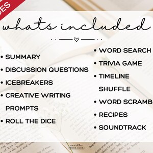 以下が含まれることがあります： 「whats included」というテキストと、「Summary」、「Discussion Questions」、「Word Search」、「Trivia Game」などのアクティビティのリストが記載された本の画像。テキストは白地の背景に黒色です。