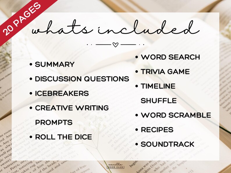 以下が含まれることがあります： 「whats included」というテキストと、「Summary」、「Discussion Questions」、「Word Search」、「Trivia Game」などのアクティビティのリストが記載された本の画像。テキストは白地の背景に黒色です。