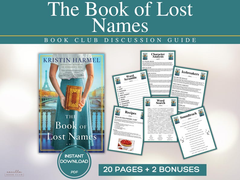 The Book of Lost Names Book Club Guide Book Club Games Book Discussion Questions Kristin Harmel Book Club Kit Activity Historical Fiction