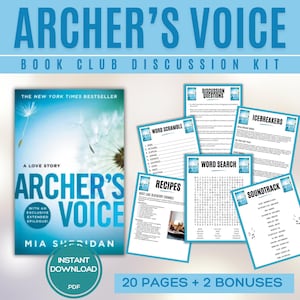 Op de afbeelding: Een discussiekit voor de boekenclub voor "Archer's Voice" van Mia Sheridan. De kit bevat een boekomslag met een paardenbloemafbeelding, discussievragen, woordspelletjes, recepten en een soundtrack. De tekst luidt "Direct downloaden" en "20 pagina's + 2 bonussen."