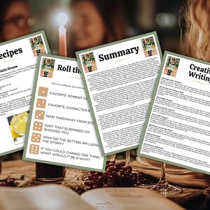 May include: Four printed cards with text and images are arranged on a table. The cards are titled "Recipes", "Roll the", "Summary", and "Creative Writing". The cards are part of a book club, with a candle and wine glasses in the background.