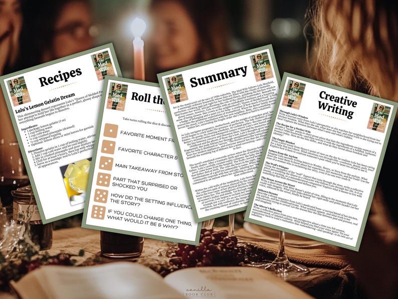 May include: Four printed cards with text and images are arranged on a table. The cards are titled "Recipes", "Roll the", "Summary", and "Creative Writing". The cards are part of a book club, with a candle and wine glasses in the background.