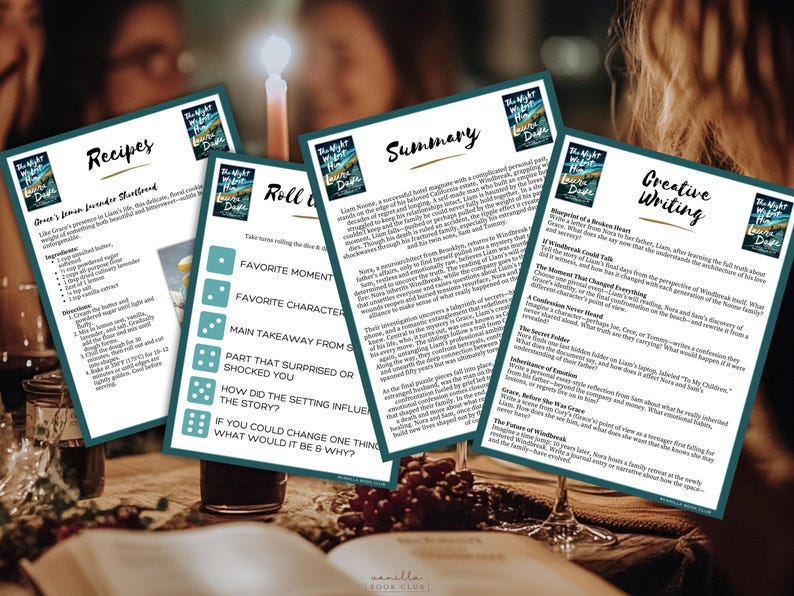 K&ouml;nnte beinhalten: Vier bedruckte Bl&auml;tter mit Text und Grafiken, darunter Rezepte, Zusammenfassungen und kreative Schreibanregungen. Die Bl&auml;tter sind auf einem Tisch mit einer Kerze und Weingl&auml;sern im Hintergrund angeordnet. Der Buchtitel lautet "The Night We Had Dude."