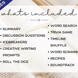 May include: A graphic featuring the text "whats included" with a list of activities such as "Summary", "Word Search", and "Trivia Game". The background is an open book with visible text and a floral accent.