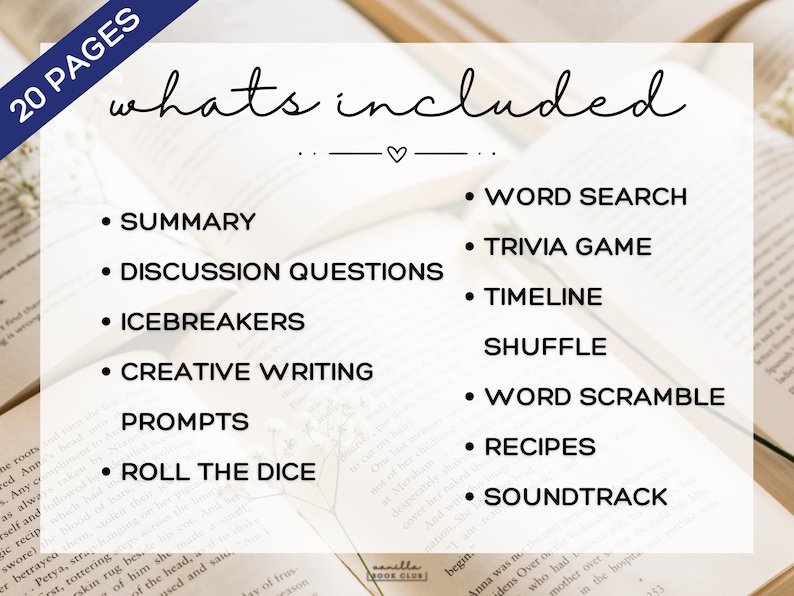 May include: A graphic featuring the text "whats included" with a list of activities such as "Summary", "Word Search", and "Trivia Game". The background is an open book with visible text and a floral accent.