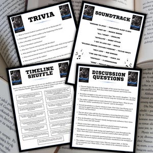 May include: Four black and white printed cards with text and images are displayed on a table next to an open book. The cards include trivia, timeline shuffle, soundtrack, and discussion questions. The cards are related to a book club.