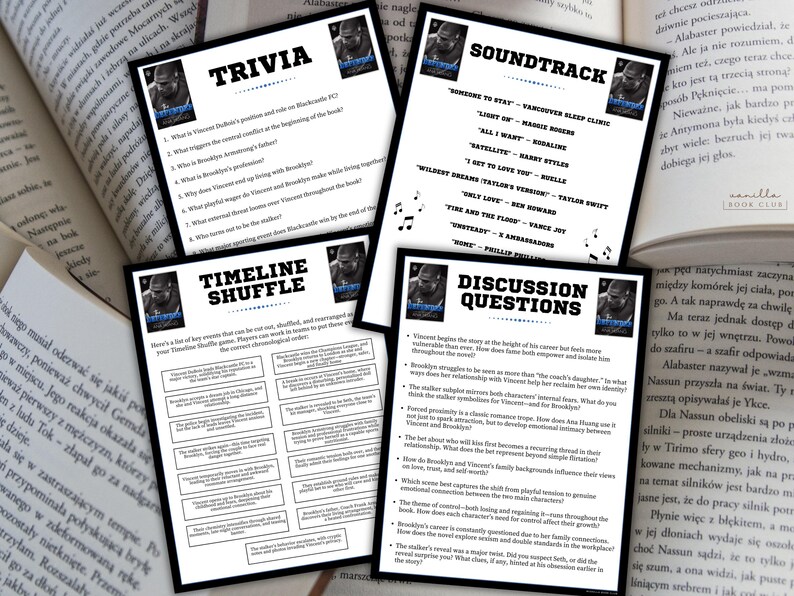 May include: Four black and white printed cards with text and images are displayed on a table next to an open book. The cards include trivia, timeline shuffle, soundtrack, and discussion questions. The cards are related to a book club.