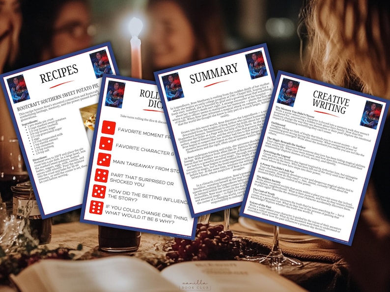 Puede incluir: Cuatro tarjetas impresas con texto e ilustraciones est&aacute;n dispuestas sobre una mesa. Las tarjetas tienen un borde azul y presentan las palabras "Recetas", "Tirar dados", "Resumen" y "Escritura creativa". El fondo est&aacute; borroso, con una vela y copas visibles.