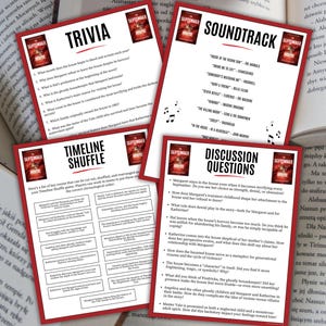 May include: Four red and white cards with text and book cover art are displayed. The cards are titled "Trivia", "Timeline Shuffle", "Soundtrack", and "Discussion Questions". The cards are for a book club.