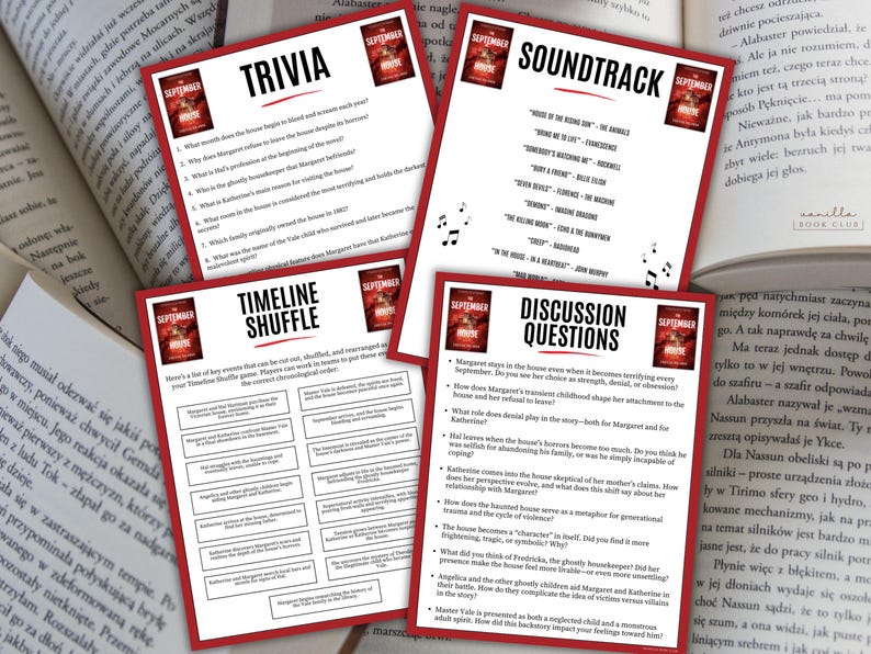 May include: Four red and white cards with text and book cover art are displayed. The cards are titled "Trivia", "Timeline Shuffle", "Soundtrack", and "Discussion Questions". The cards are for a book club.