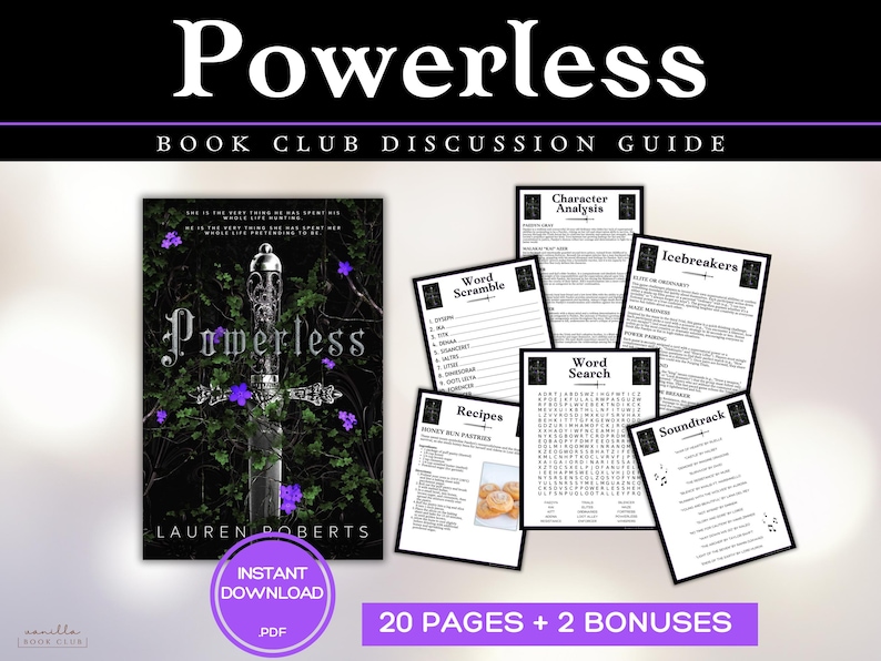 Powerless Book Club Guide Book Club Games Discussion Questions Lauren Roberts  BookTok Bookstagram Fantasy Romance Reading Group Romantasy
