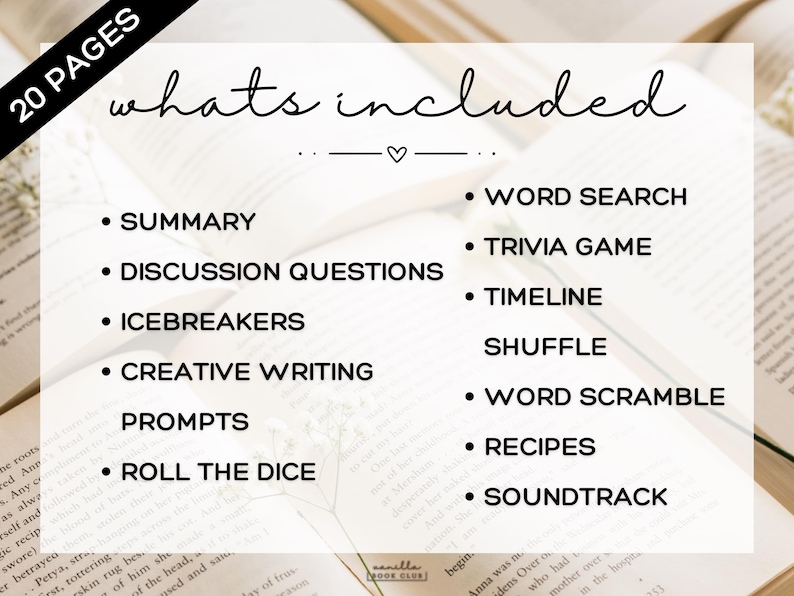 Op de afbeelding: Op een witte achtergrond staat een lijst met items, waaronder "Samenvatting", "Discussievragen", "Icebreakers" en "Creatief schrijven". Andere items zijn "Woordzoeker", "Trivia Game", "Tijdlijn", "Shuffle", "Woordzooi", "Recepten" en "Soundtrack".