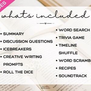 May include: A white background with text that reads "whats included" and a list of activities such as "Summary", "Word Search", and "Trivia Game". The text is set against a backdrop of open books.