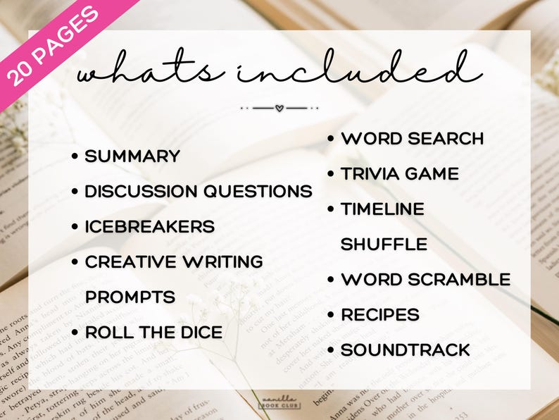 May include: A white background with text that reads "whats included" and a list of activities such as "Summary", "Word Search", and "Trivia Game". The text is set against a backdrop of open books.
