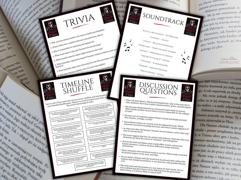 May include: A collection of book club discussion materials, including trivia, a soundtrack, discussion questions, and a timeline shuffle game. The materials are printed on white paper with black text and a skull graphic, set against open books.