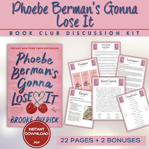 May include: A book club discussion kit for Phoebe Berman's Gonna Lose It by Brooke Overick, featuring a pink book cover with cherry graphics, alongside printed pages including discussion questions, icebreakers, a word search, and a soundtrack list.