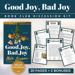 K&ouml;nnte beinhalten: Ein Diskussions-Kit f&uuml;r den Buchclub "Good Joy, Bad Joy" mit einem Buchcover mit bunten Blumen. Das Kit enth&auml;lt Diskussionsfragen, Wortspiele, Rezepte und eine Soundtrack-Liste. Sofortiger PDF-Download mit 20 Seiten und 2 Boni.