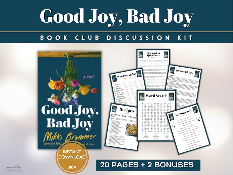 K&ouml;nnte beinhalten: Ein Diskussions-Kit f&uuml;r den Buchclub "Good Joy, Bad Joy" mit einem Buchcover mit bunten Blumen. Das Kit enth&auml;lt Diskussionsfragen, Wortspiele, Rezepte und eine Soundtrack-Liste. Sofortiger PDF-Download mit 20 Seiten und 2 Boni.