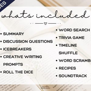 Puede incluir: Imagen de un recurso para club de lectura con el texto "whats included" y una lista de actividades como "Resumen", "Preguntas de discusi&oacute;n" y "B&uacute;squeda de palabras". La imagen est&aacute; ambientada sobre un fondo de libros abiertos, con las palabras "20 p&aacute;ginas" en la esquina superior izquierda.