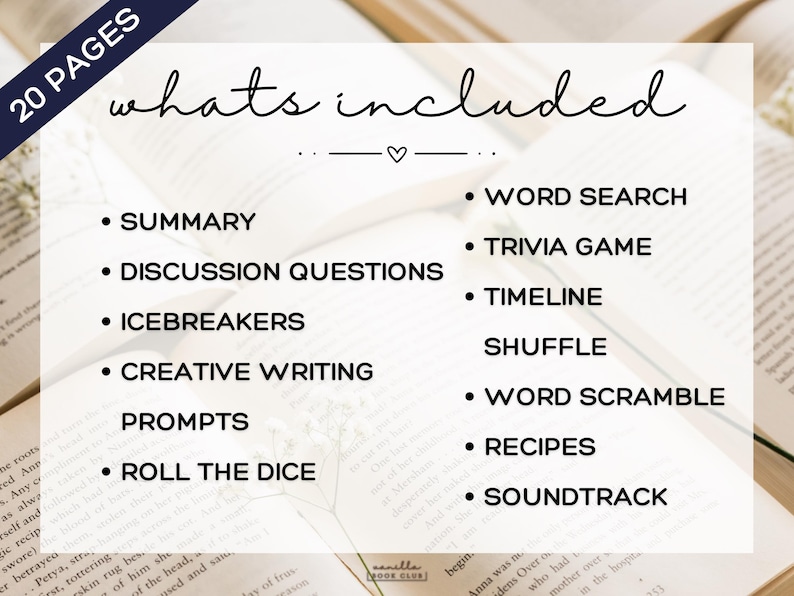 Puede incluir: Imagen de un recurso para club de lectura con el texto "whats included" y una lista de actividades como "Resumen", "Preguntas de discusi&oacute;n" y "B&uacute;squeda de palabras". La imagen est&aacute; ambientada sobre un fondo de libros abiertos, con las palabras "20 p&aacute;ginas" en la esquina superior izquierda.