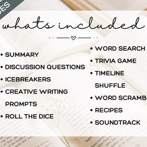May include: Image of a book with the text "whats included" and a list of activities such as "Summary", "Word Search", and "Trivia Game". The image is set against a backdrop of open books, suggesting a literary theme.