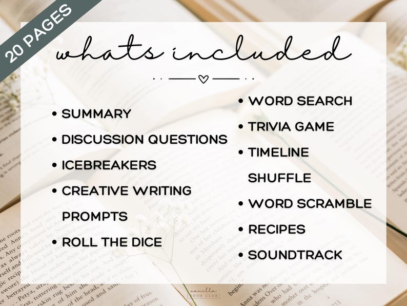 May include: Image of a book with the text "whats included" and a list of activities such as "Summary", "Word Search", and "Trivia Game". The image is set against a backdrop of open books, suggesting a literary theme.