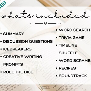 May include: A graphic with the text "whats included" lists features for a book club. The list includes a summary, discussion questions, icebreakers, creative writing prompts, word search, trivia game, and more. The image is set against a backdrop of open books.
