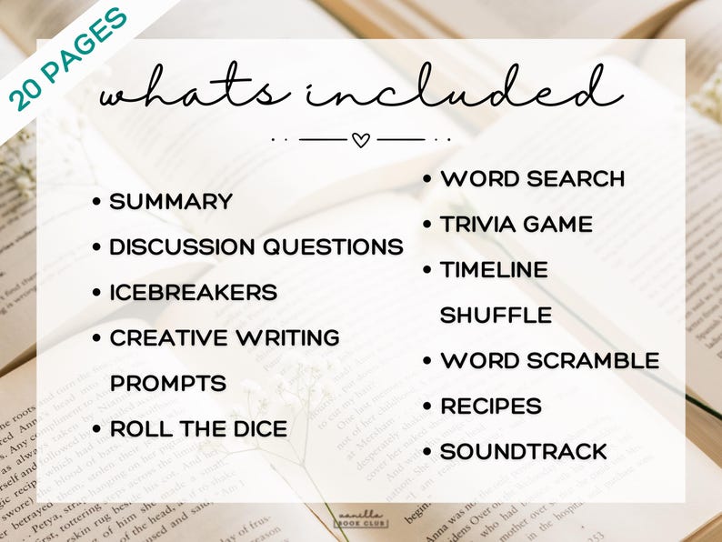 May include: A graphic with the text "whats included" lists features for a book club. The list includes a summary, discussion questions, icebreakers, creative writing prompts, word search, trivia game, and more. The image is set against a backdrop of open books.