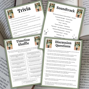 May include: Four printed cards with text from "The Mad Wife" book, including trivia, soundtrack, discussion questions, and a timeline shuffle game. The cards are on a background of open books.