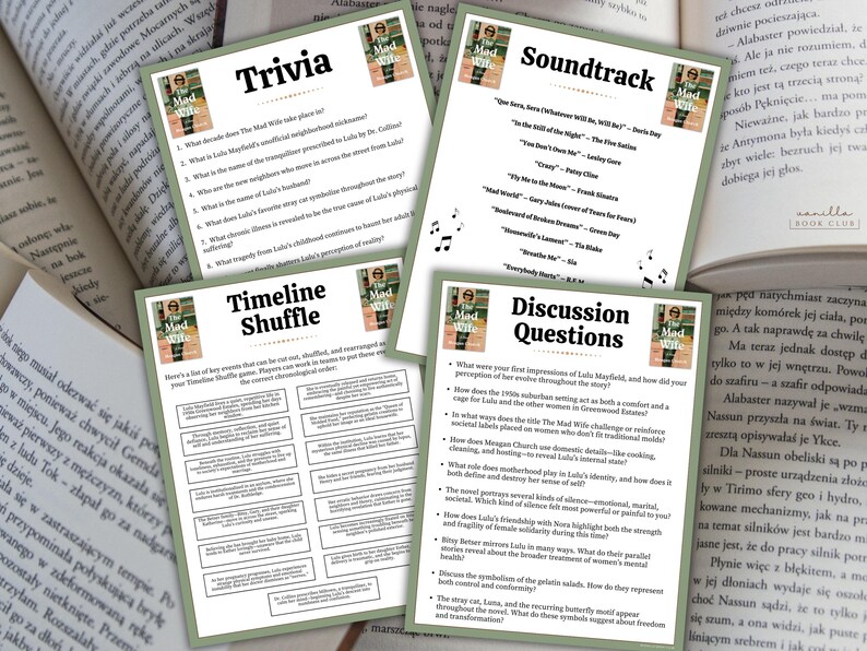 May include: Four printed cards with text from "The Mad Wife" book, including trivia, soundtrack, discussion questions, and a timeline shuffle game. The cards are on a background of open books.
