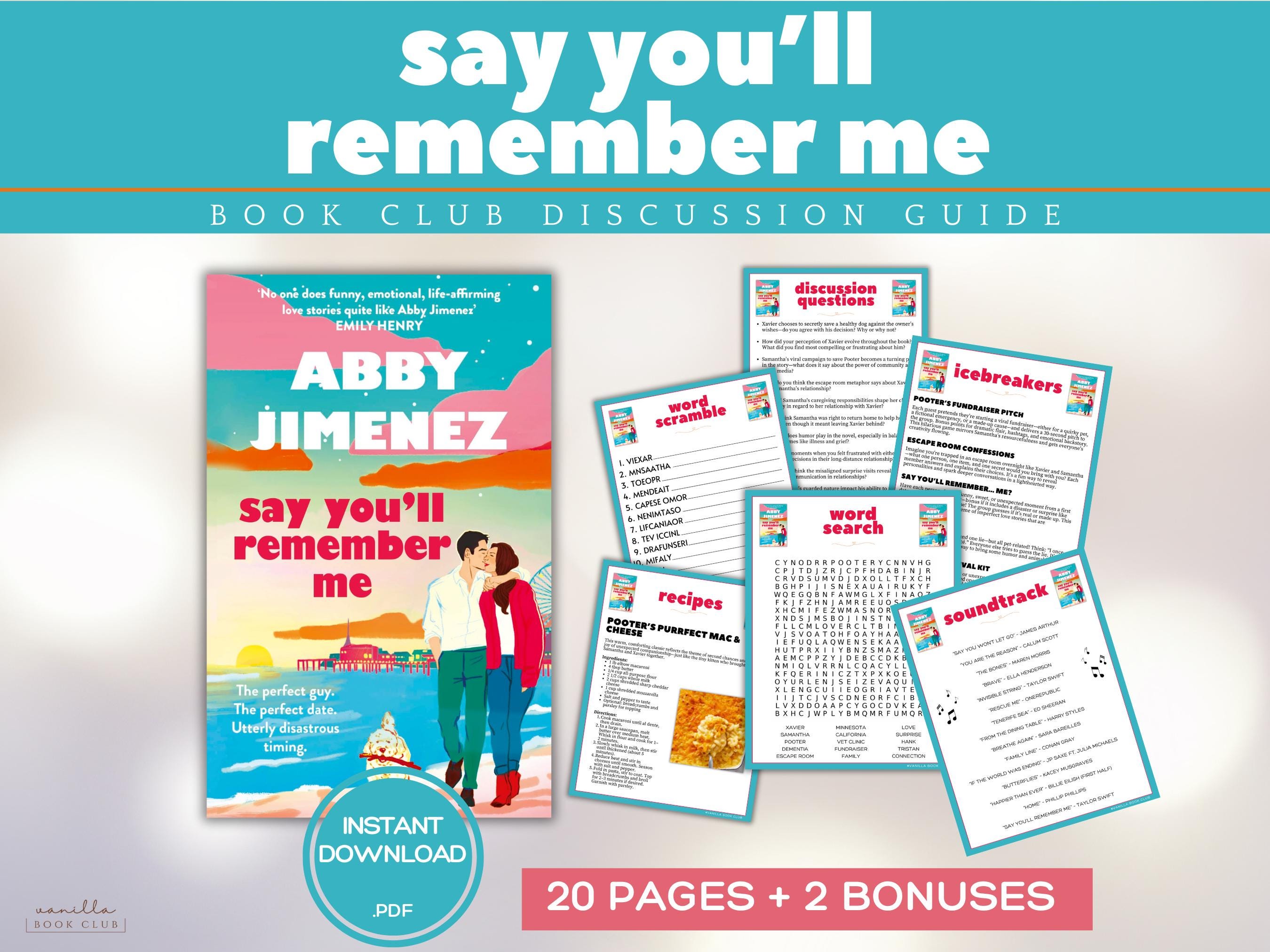 Say You'll Remember Me Book Club Guide Book Club Games Book Discussion Questions Abby Jimenez Book Club Kit Romance Fiction Bookstagram