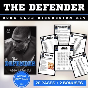May include: A book club discussion kit titled "The Defender" with a book cover featuring a grayscale image of a man. The kit includes discussion questions, word scrambles, a word search, recipes, and a soundtrack list. The kit is an instant PDF download.