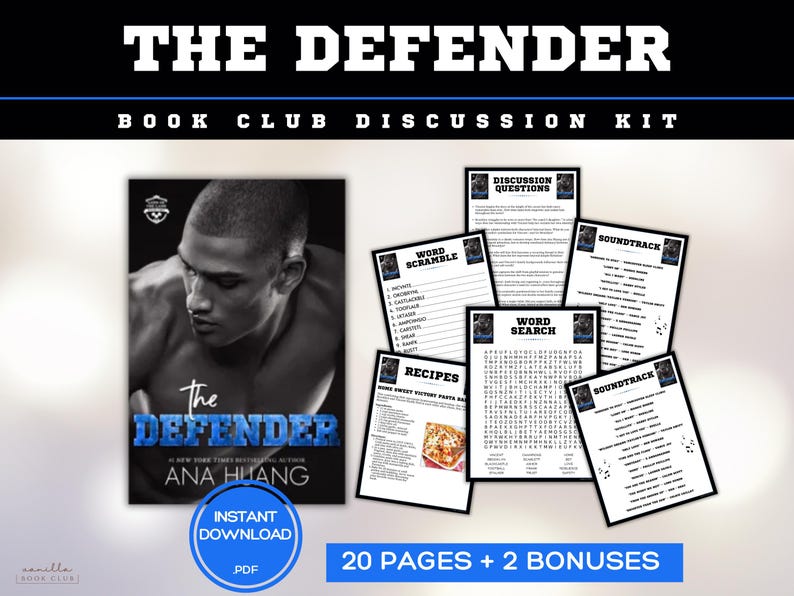 May include: A book club discussion kit titled "The Defender" with a book cover featuring a grayscale image of a man. The kit includes discussion questions, word scrambles, a word search, recipes, and a soundtrack list. The kit is an instant PDF download.