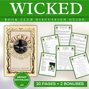 Puede incluir: Una guía de discusión de club de lectura verde y blanca para el libro "Wicked: The Life and Times of the Wicked Witch of the West" de Gregory Maguire. La guía incluye 20 páginas de actividades, incluyendo búsquedas de palabras, sopas de letras, rompehielos, recetas y una banda sonora. La guía también incluye dos páginas adicionales.