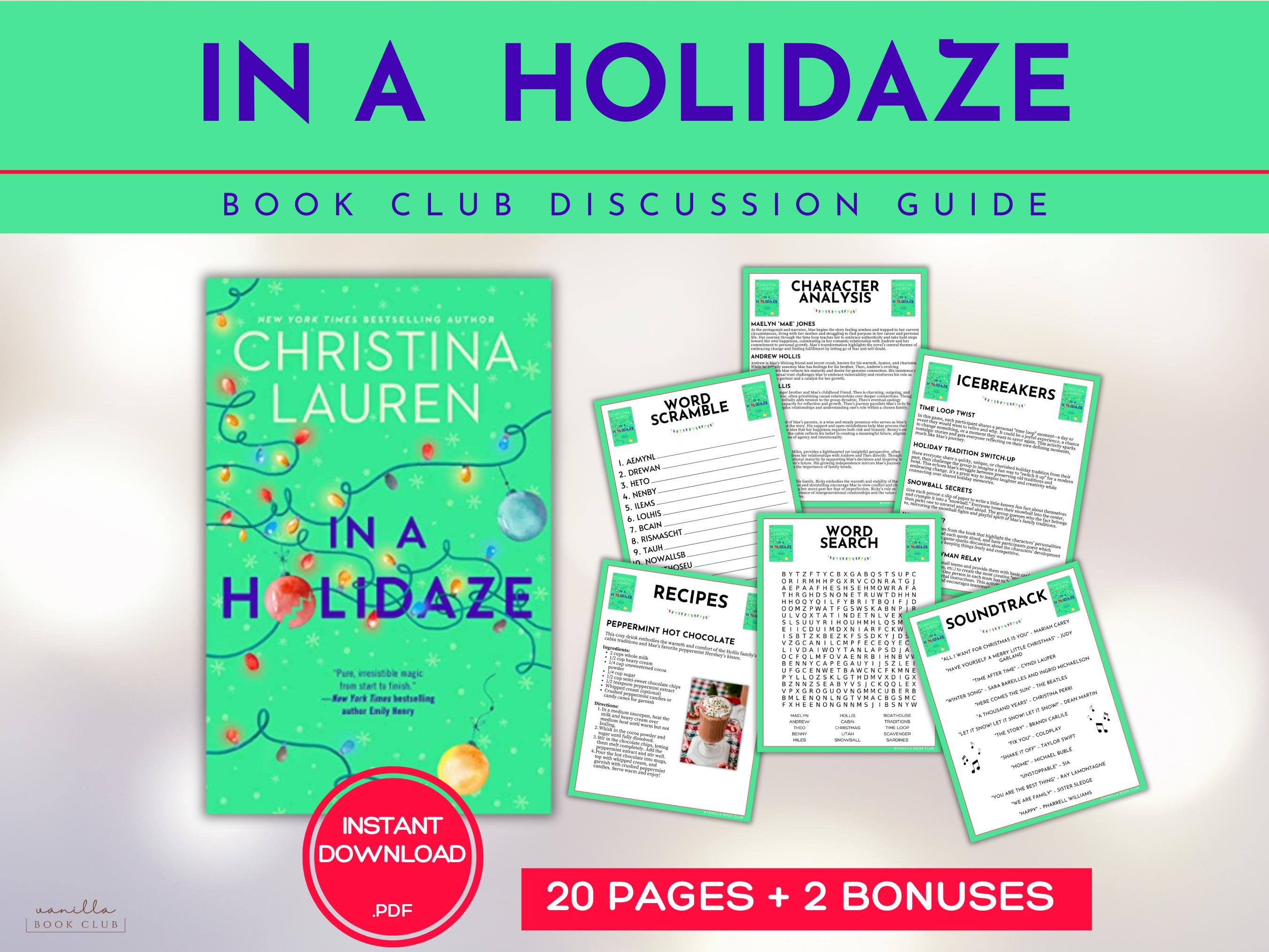 Guía del club de lectura In a Holidaze Juegos del club de lectura Preguntas para debates sobre libros Kit del club de lectura de Christina Lauren Actividad de trivia Romance navideño
