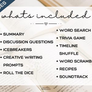 May include: Image of a book club resource with the text "whats included" and a list of activities such as summary, discussion questions, and word search. The image is set against a backdrop of open books, with the words "20 pages" in the upper left corner.
