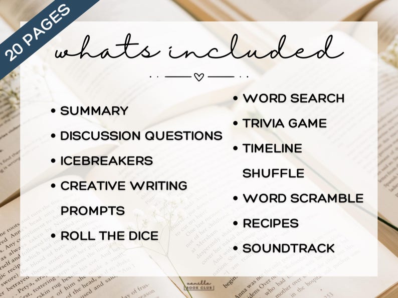 May include: Image of a book club resource with the text "whats included" and a list of activities such as summary, discussion questions, and word search. The image is set against a backdrop of open books, with the words "20 pages" in the upper left corner.